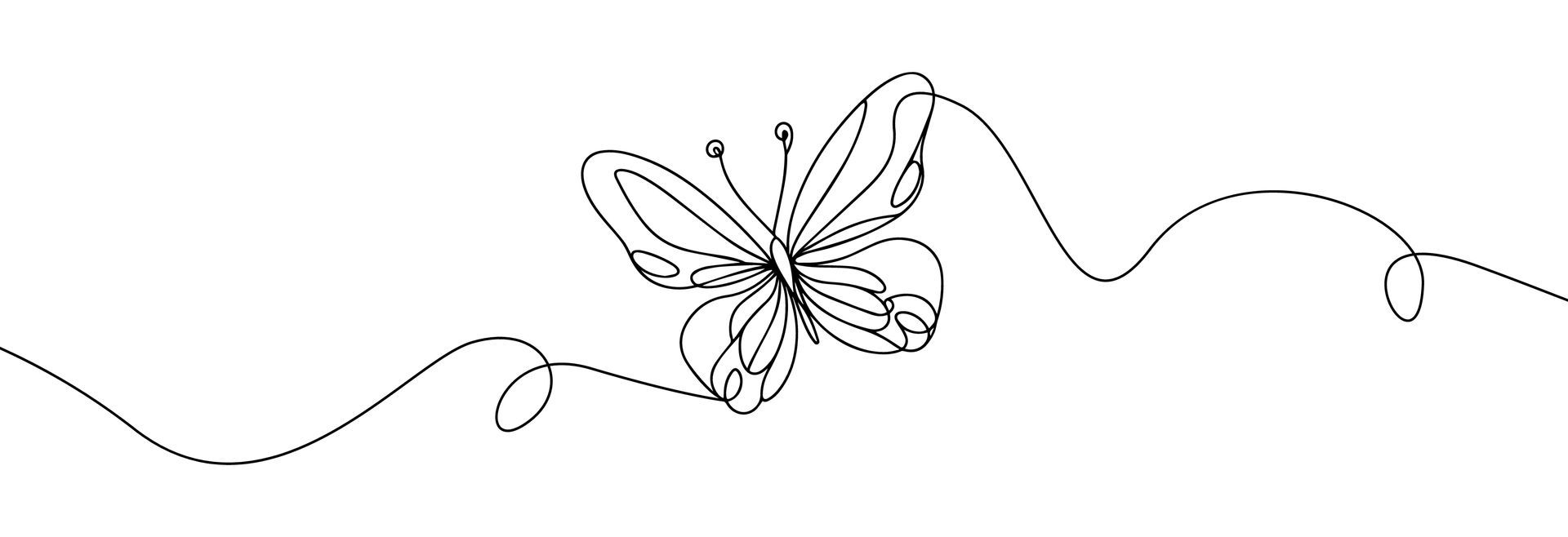Line drawing of a butterfly with antenna, flying on a dotted line.
