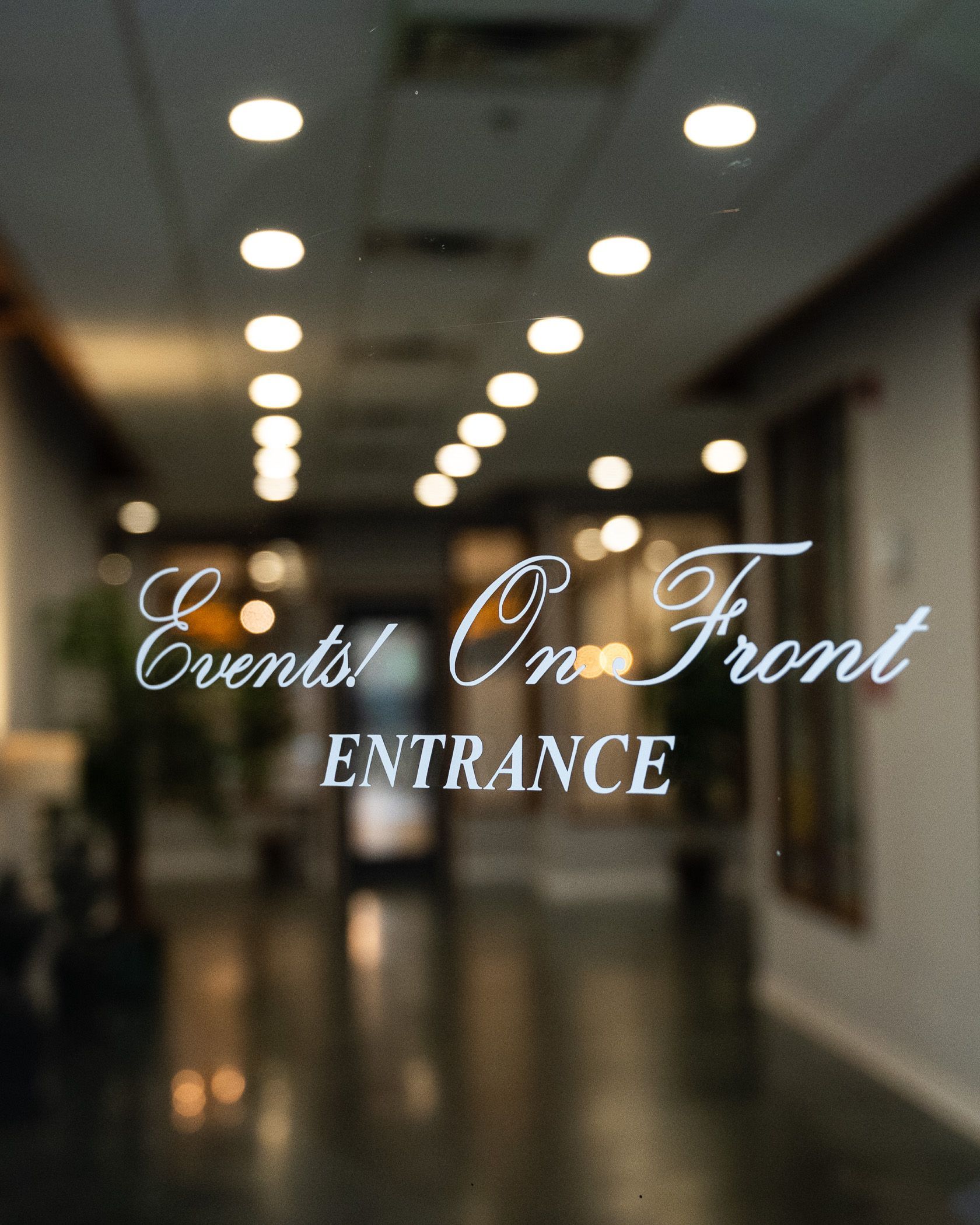 Events! on Front entrace - window sticker decal in elegant cursive font