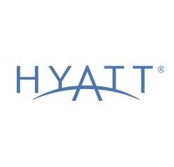 A blue logo for hyatt on a white background.