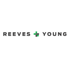 A logo for reeves + young with a green cross on a white background.