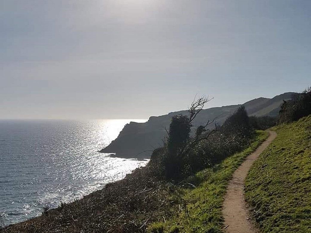 Section of coastal path in winter with light reflecting  on the sea