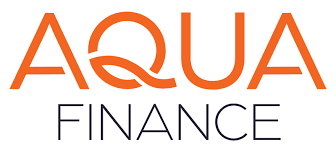 The logo for aqua finance is orange and black