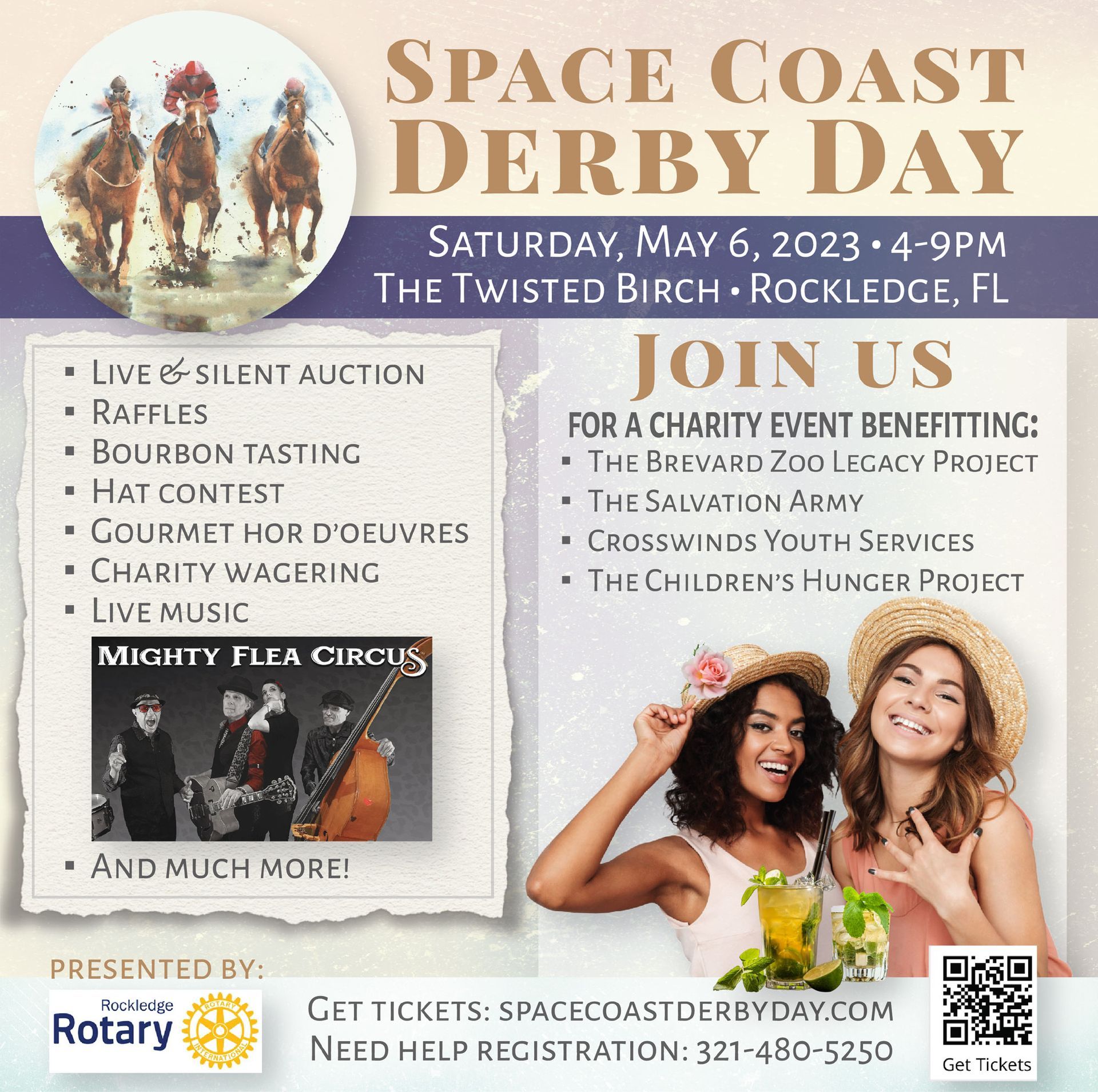 Space Coast Derby Day event poster with horse racing, live music, and charity details.