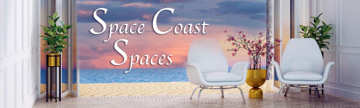 Interior scene with beach view. Two white armchairs, plants, and text