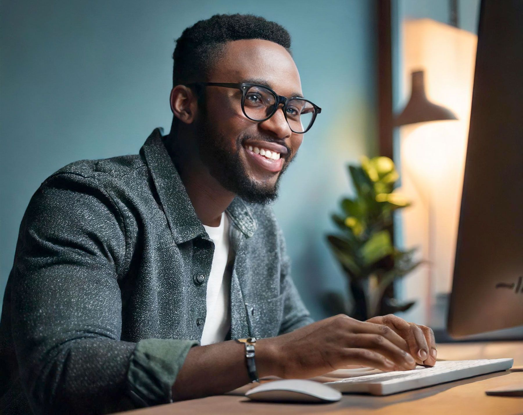 Man smiles while typing at a computer, wearing glasses and a gray shirt, indoors.