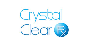 Crystal Clear Rx logo with blue text on white background and a blue sphere with “Rx” inside.