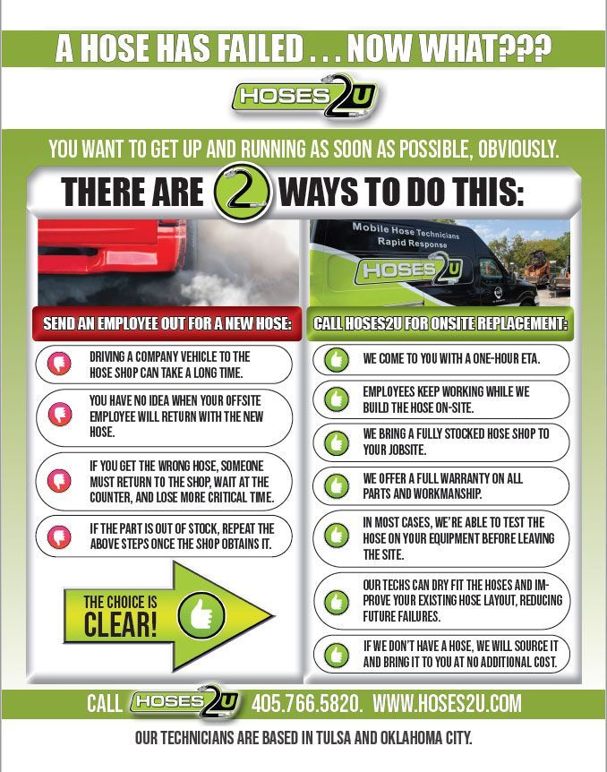 Advertisement for Hoses2U offering hose repair. Red truck on left, green service truck on right, lists of services.