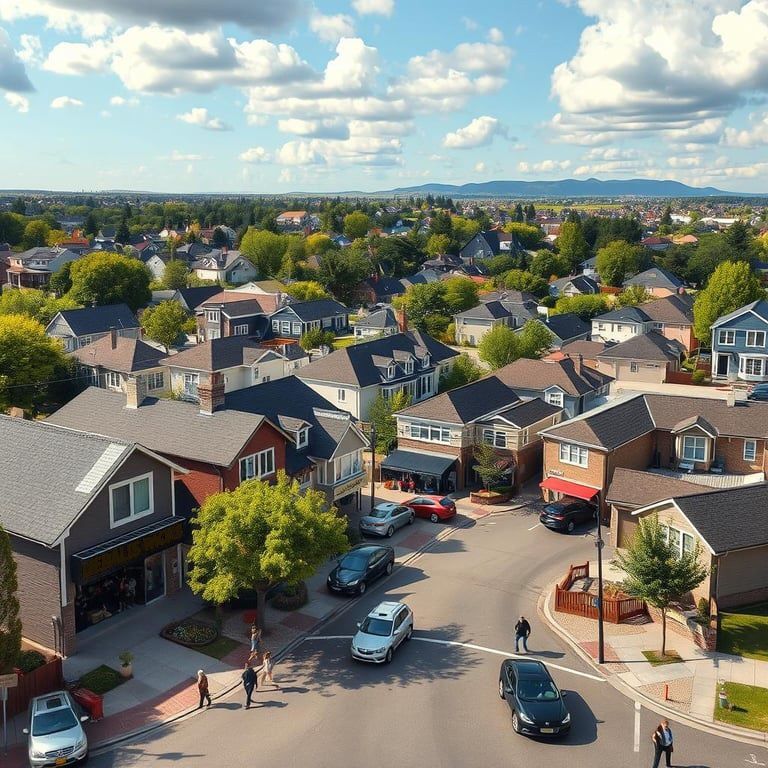 Aerial view of a suburban neighborhood with houses, cars, and people on a sunny day.