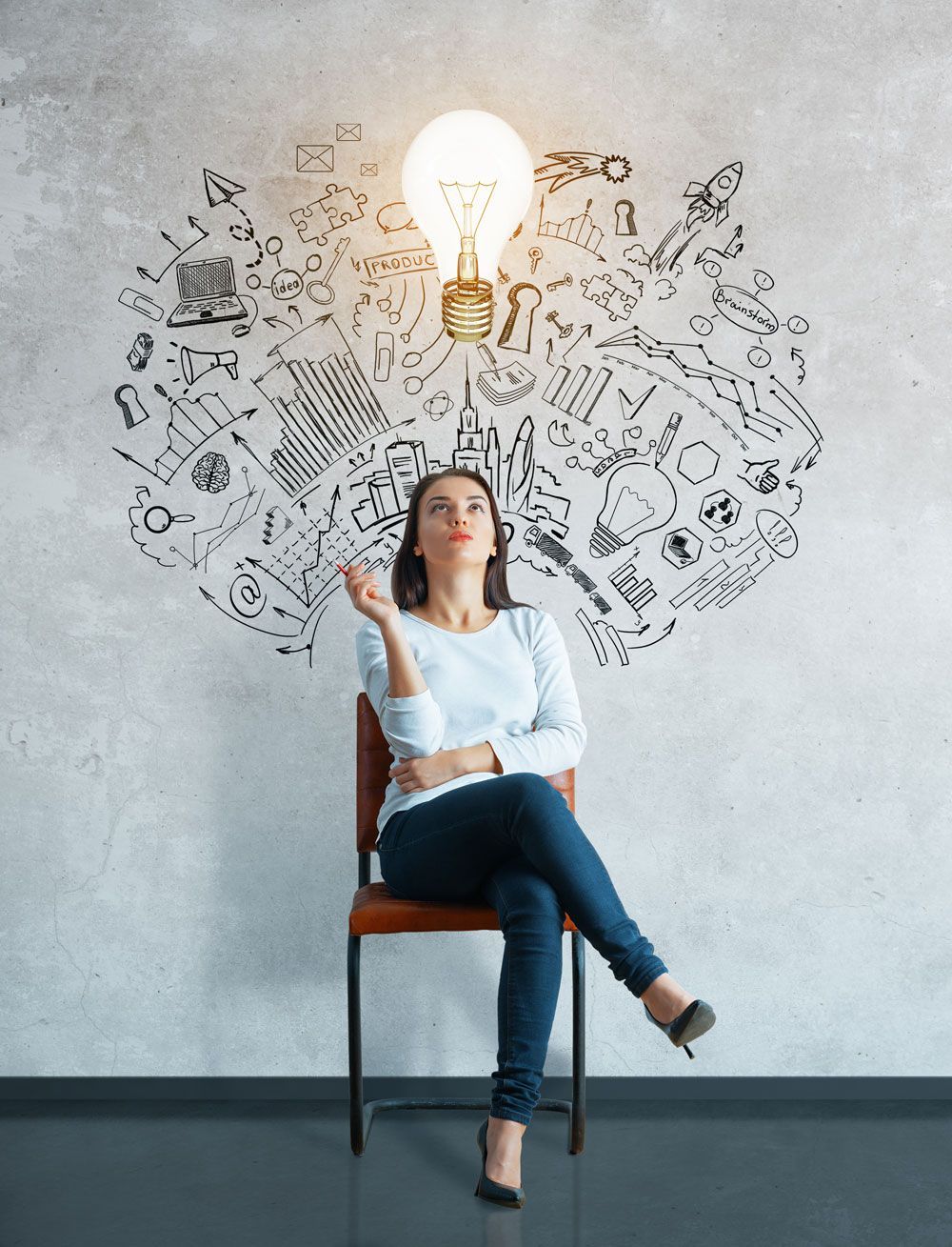 Person using a tablet displays digital marketing data, with icons of SEO, charts, and networking on blue background.