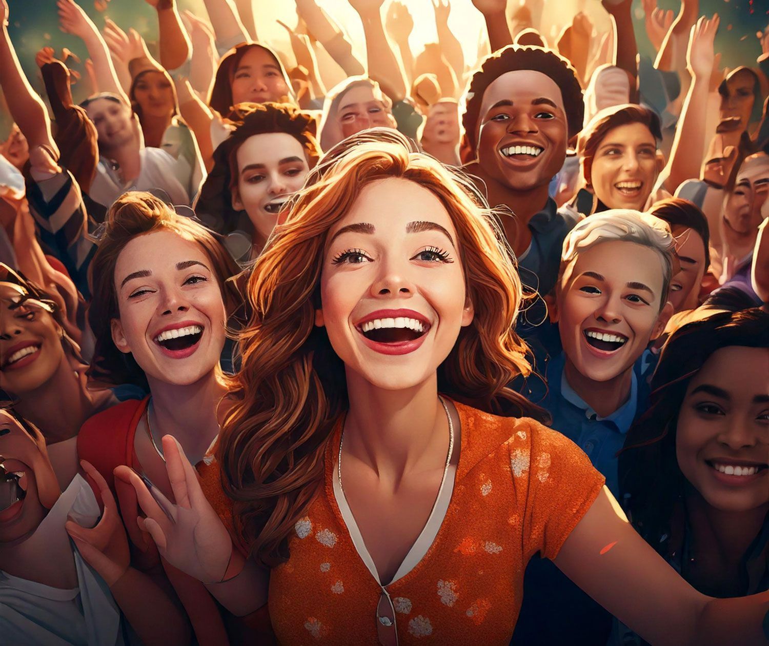 A crowd of smiling people with arms raised; bright sunlight.