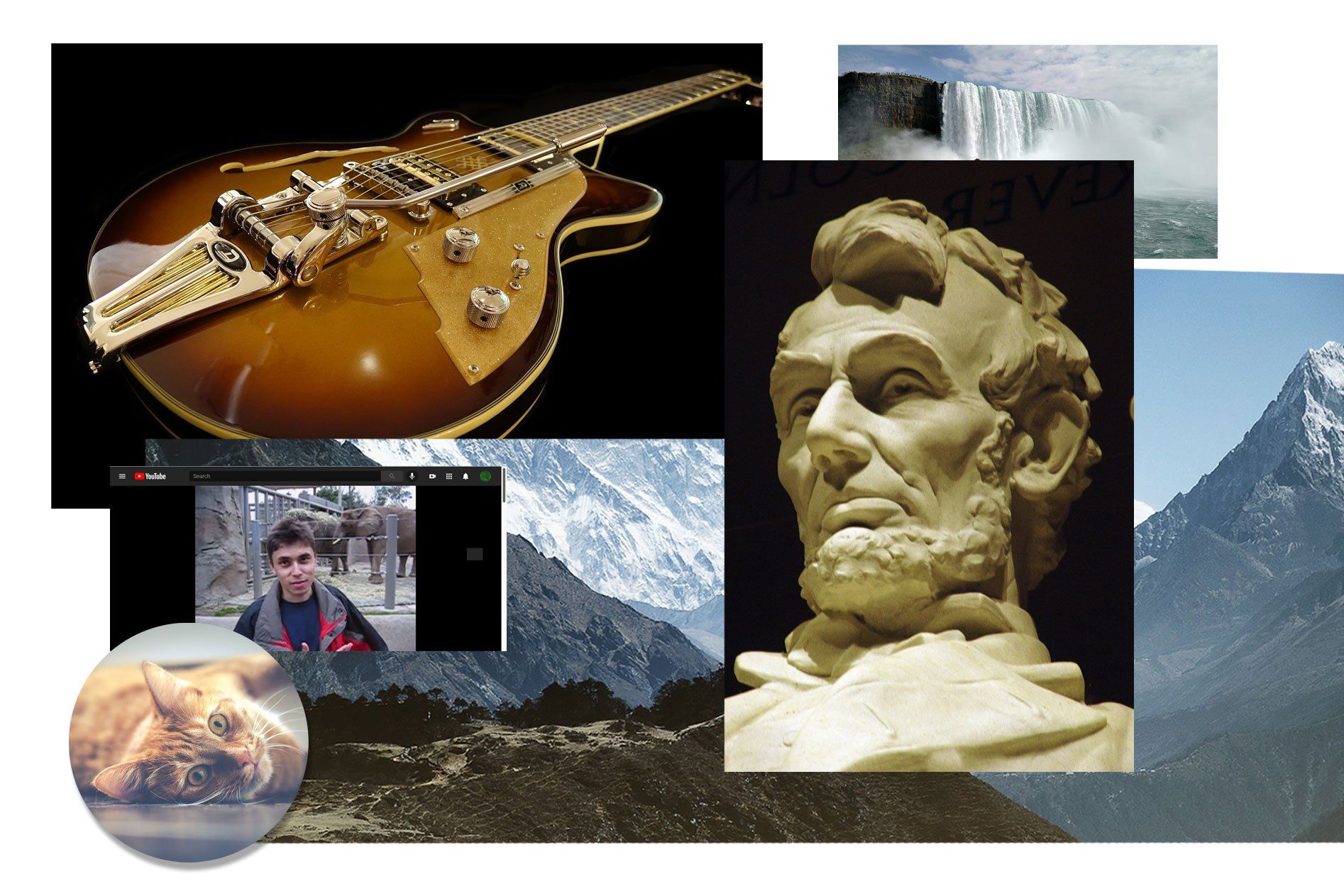 Electric guitar, Niagara Falls, Abraham Lincoln sculpture, mountains, video of a person, and a cat.