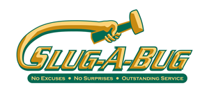 Logo for Slug-A-Bug pest control. Green and gold stylized text with hand holding a mallet. Text at the bottom: No Excuses, No Surprises, Outstanding Service.