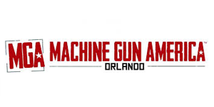 Logo for Machine Gun America in Orlando, red letters and star, white background.