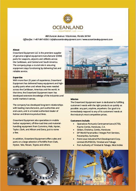 Promotional flyer for Oceanland Equipment, featuring a port scene, equipment images, and company details.