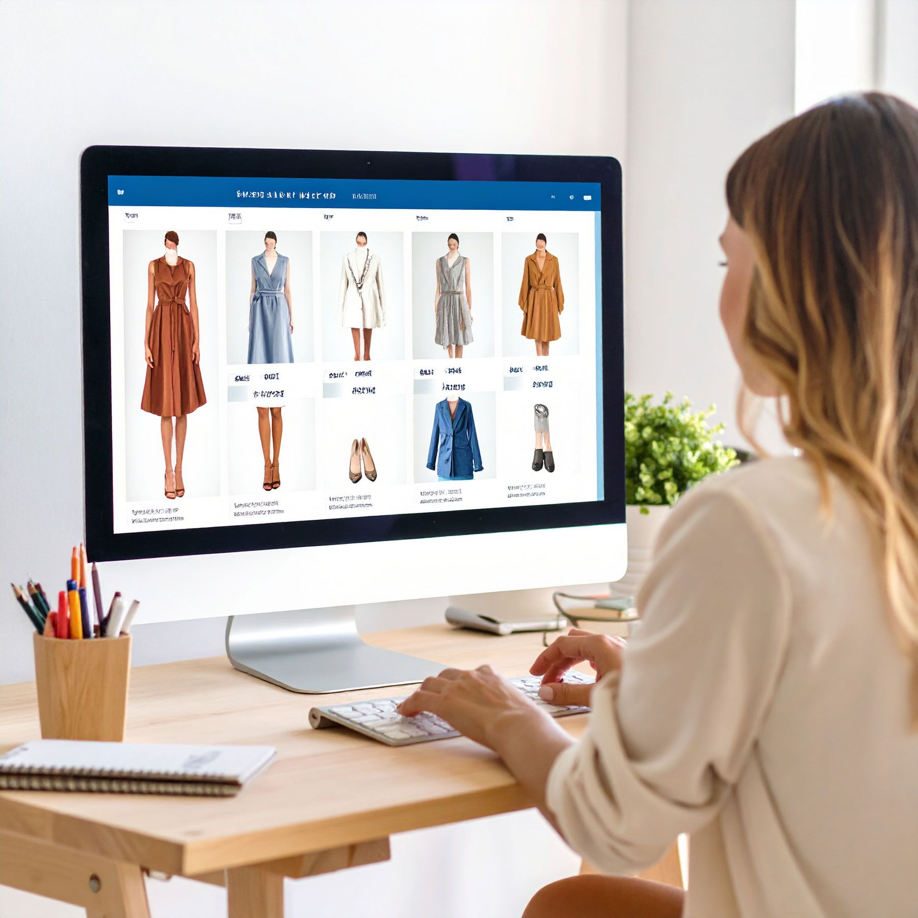 Woman shopping online for clothes on a desktop computer.