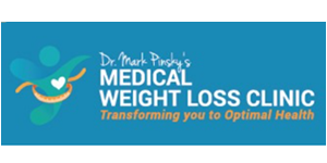 Logo for Dr. Mark Pinsky's Medical Weight Loss Clinic, with a teal background and a logo showing a heart inside a body shape.