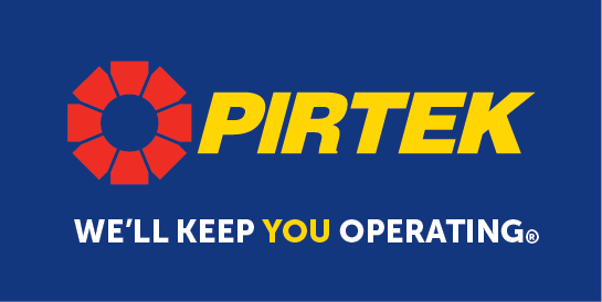 Pirtek logo: Red and yellow text on a blue background. The tagline says,