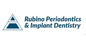 Logo for Rubino Periodontics & Implant Dentistry: a teal triangle with a horizontal line and the name.