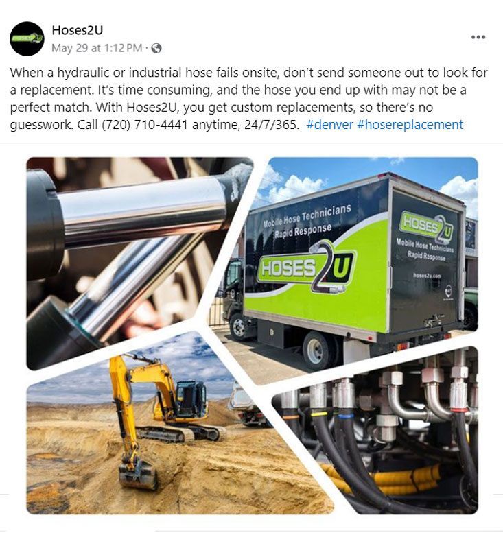 Advertisement for Hoses2U: Custom hose replacements. Collage of equipment and a service truck.
