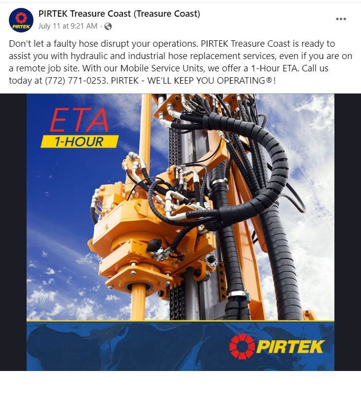 Advertisement for PIRTEK Treasure Coast, offering hydraulic and industrial hose replacement with 1-hour ETA.