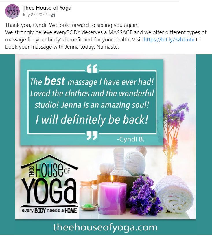 Advertisement for Thee House of Yoga with customer review. Turquoise background, text, logo, and massage items.