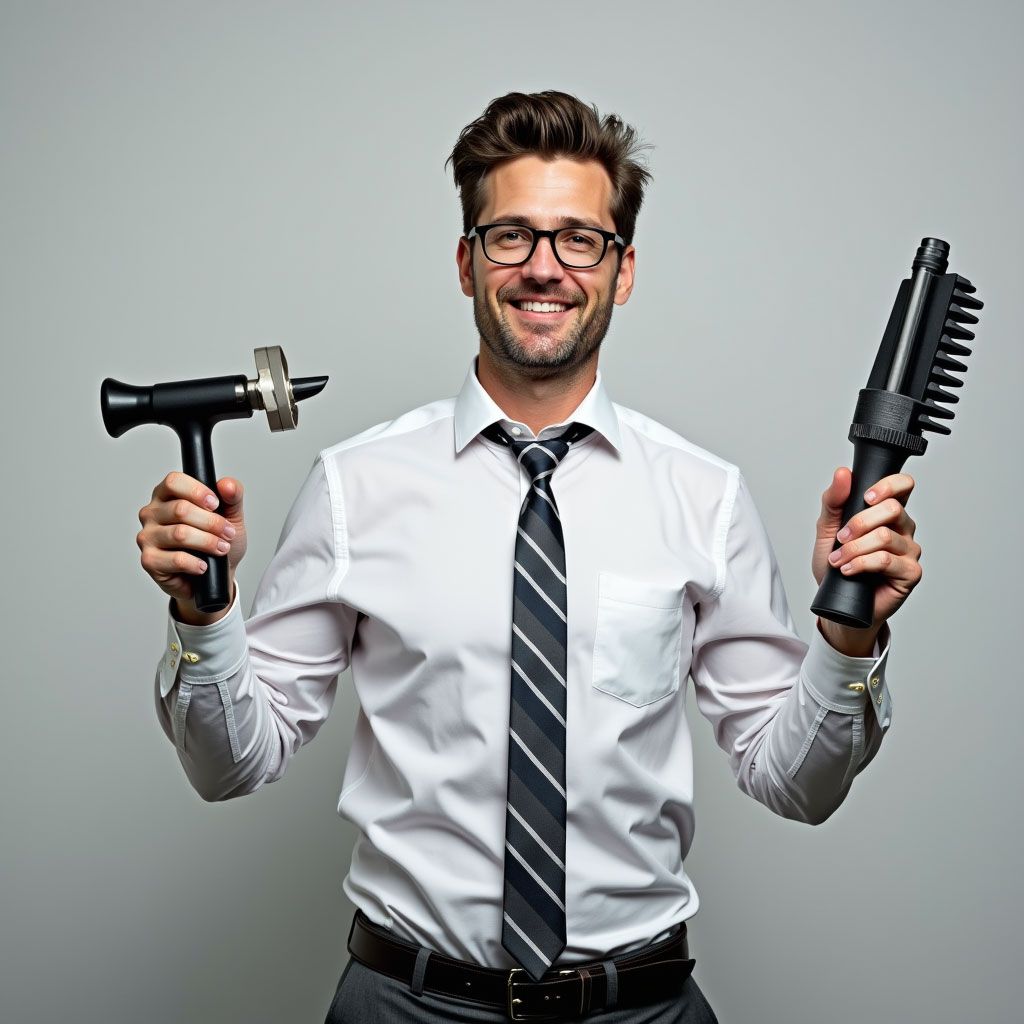 Man in formal wear, holding hair styling tools, smiling at the camera.