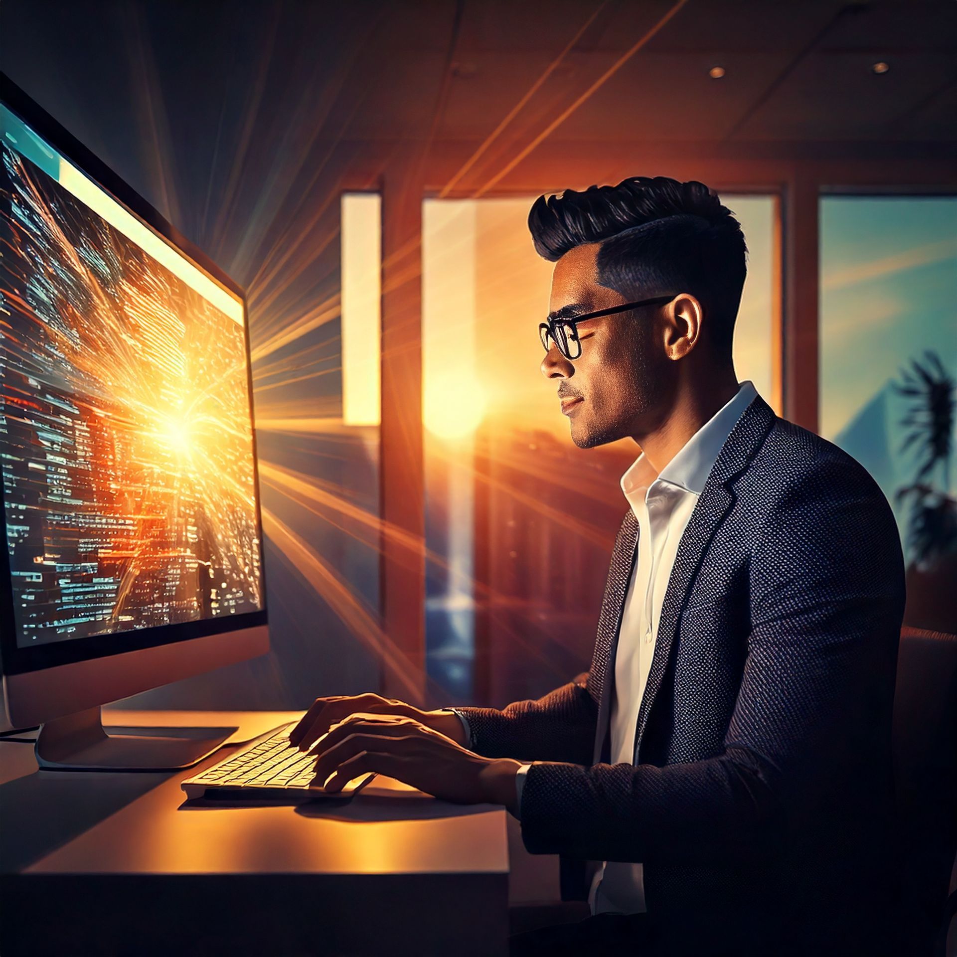 Man in glasses, jacket, typing at computer. Bright data display, office setting, golden light.