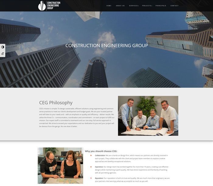 Construction engineering company website. Buildings in the background; two group photos.