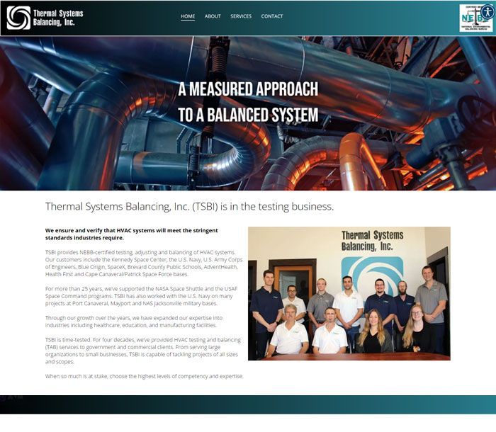 Website homepage for Thermal Systems Balancing, Inc. featuring a team photo and industrial equipment.
