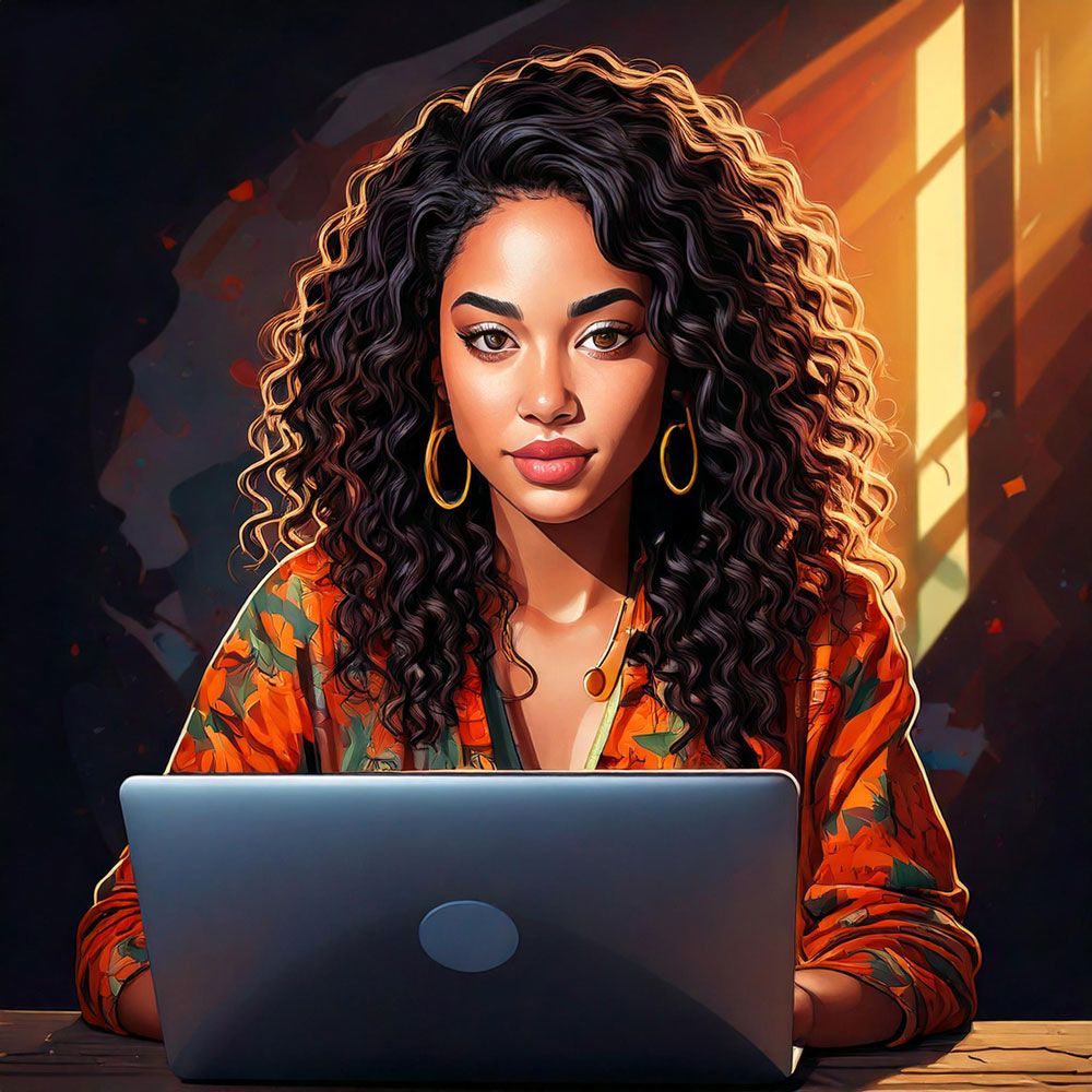 Woman with curly hair, in orange shirt, working on a laptop. Sunlight illuminates her face and the desk.
