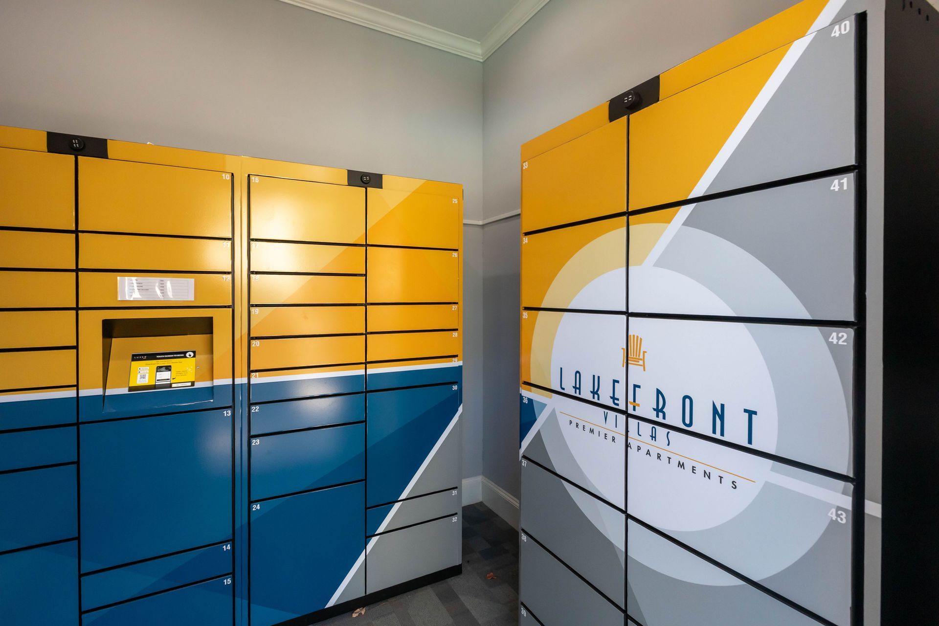 A room with a bunch of lockers with numbers on them