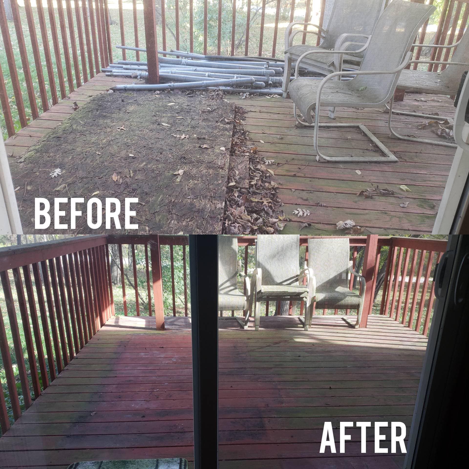 Before and after comparison of a wooden deck; before is dirty with leaves, after is clean and stained.