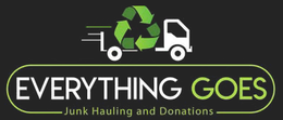Logo of a white truck with a recycling symbol on top, text: "EVERYTHING GOES", Junk Hauling and Donations.