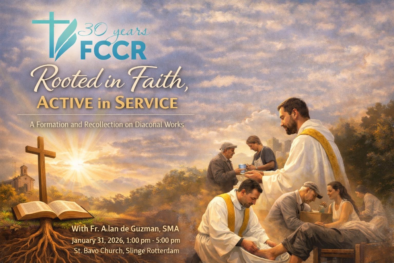 Flyer for FCCR's 50th anniversary. A priest washes feet, sun shines on a cross and open book, sky in background.