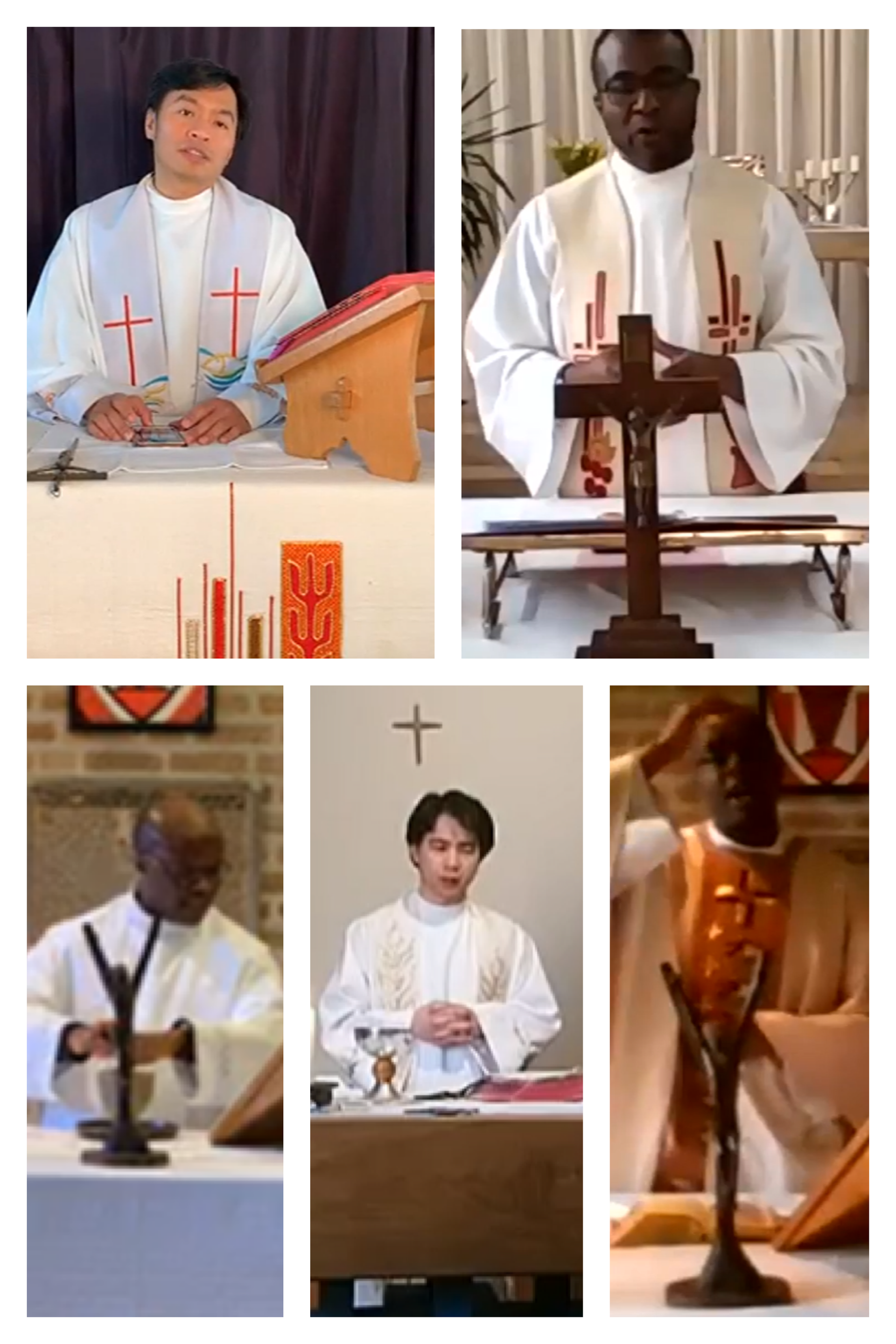 A collage of four pictures of priests in a church.