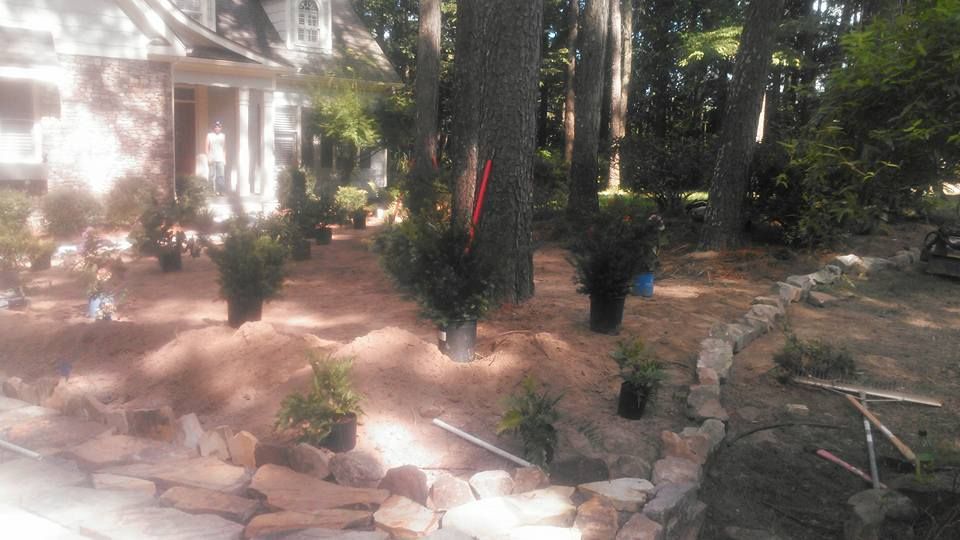 A bunch of potted plants are sitting in the dirt in front of a house.