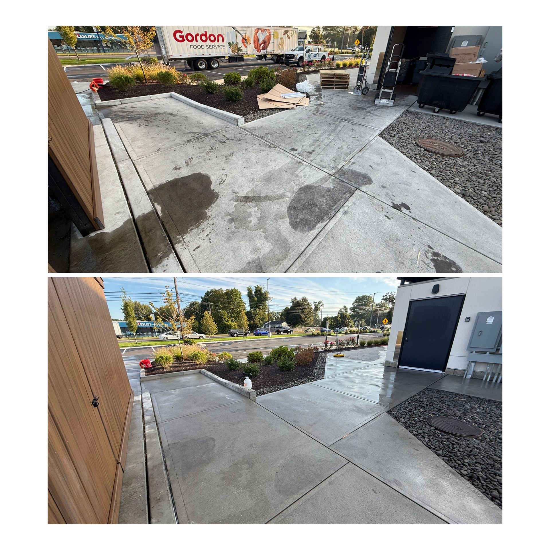 Before and after of concrete cleaning, showcasing a clean driveway.