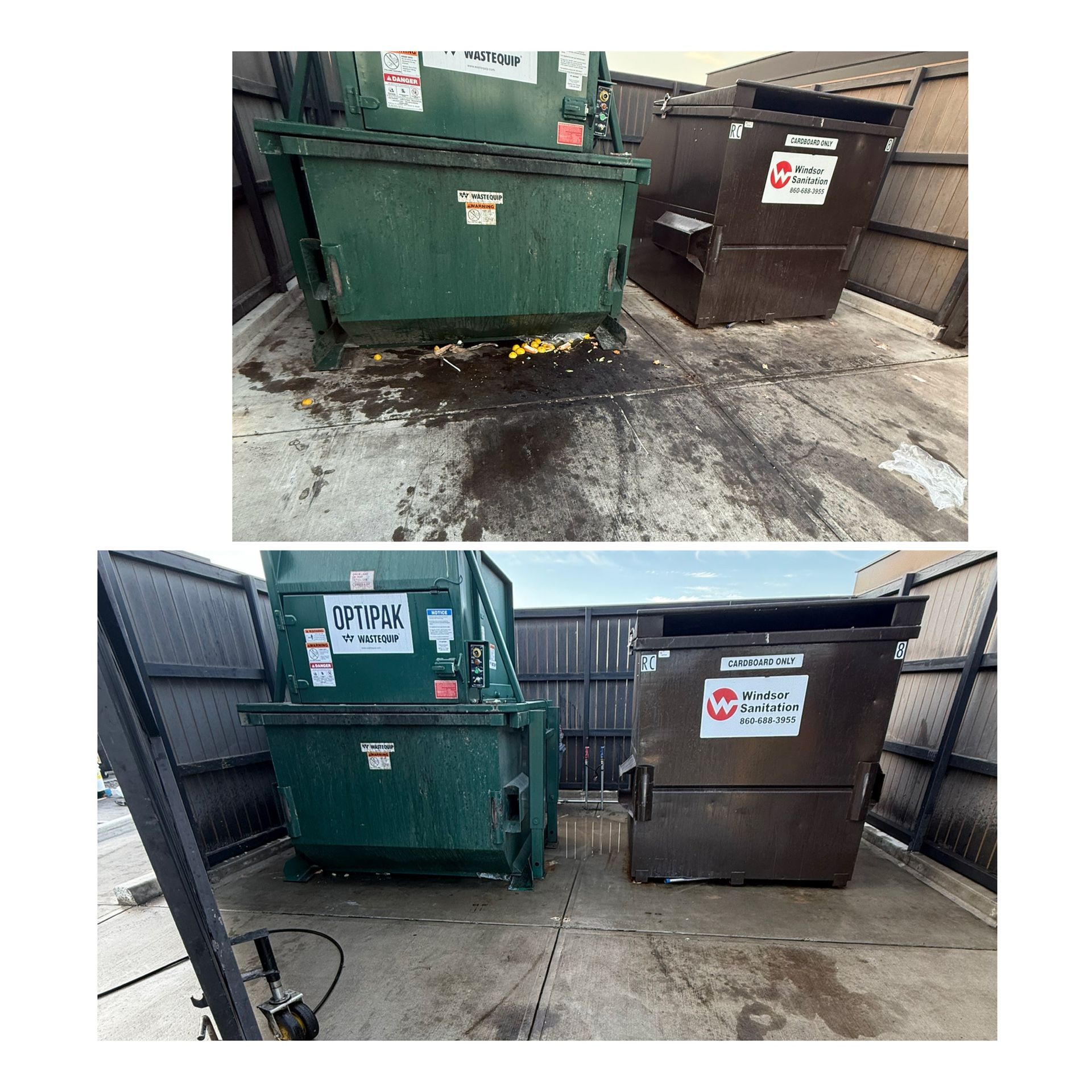 Two dumpsters, green and brown, on a concrete pad before and after cleaning.