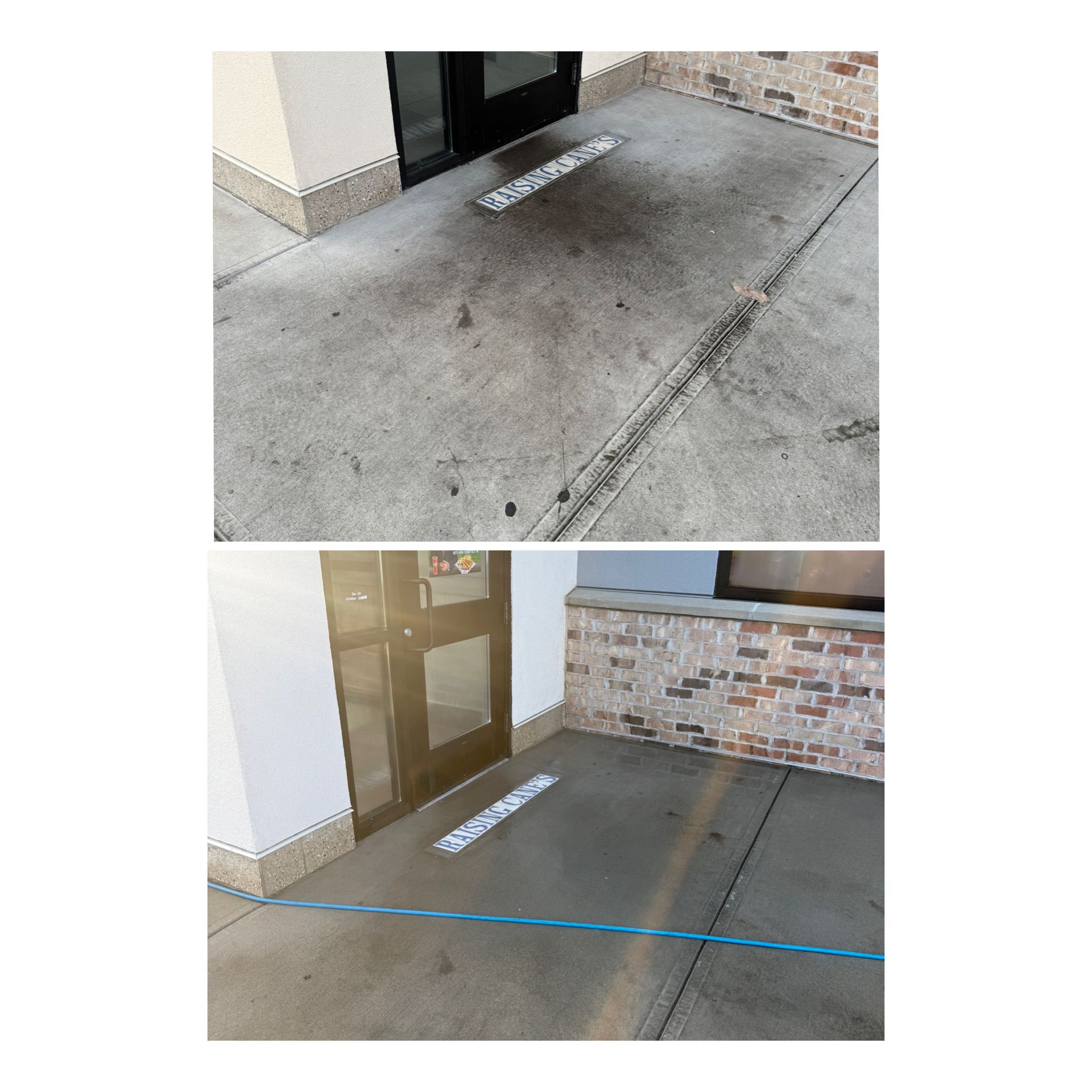 Before-and-after of a concrete patio cleaned by power washing. The patio is gray and located outside a building.