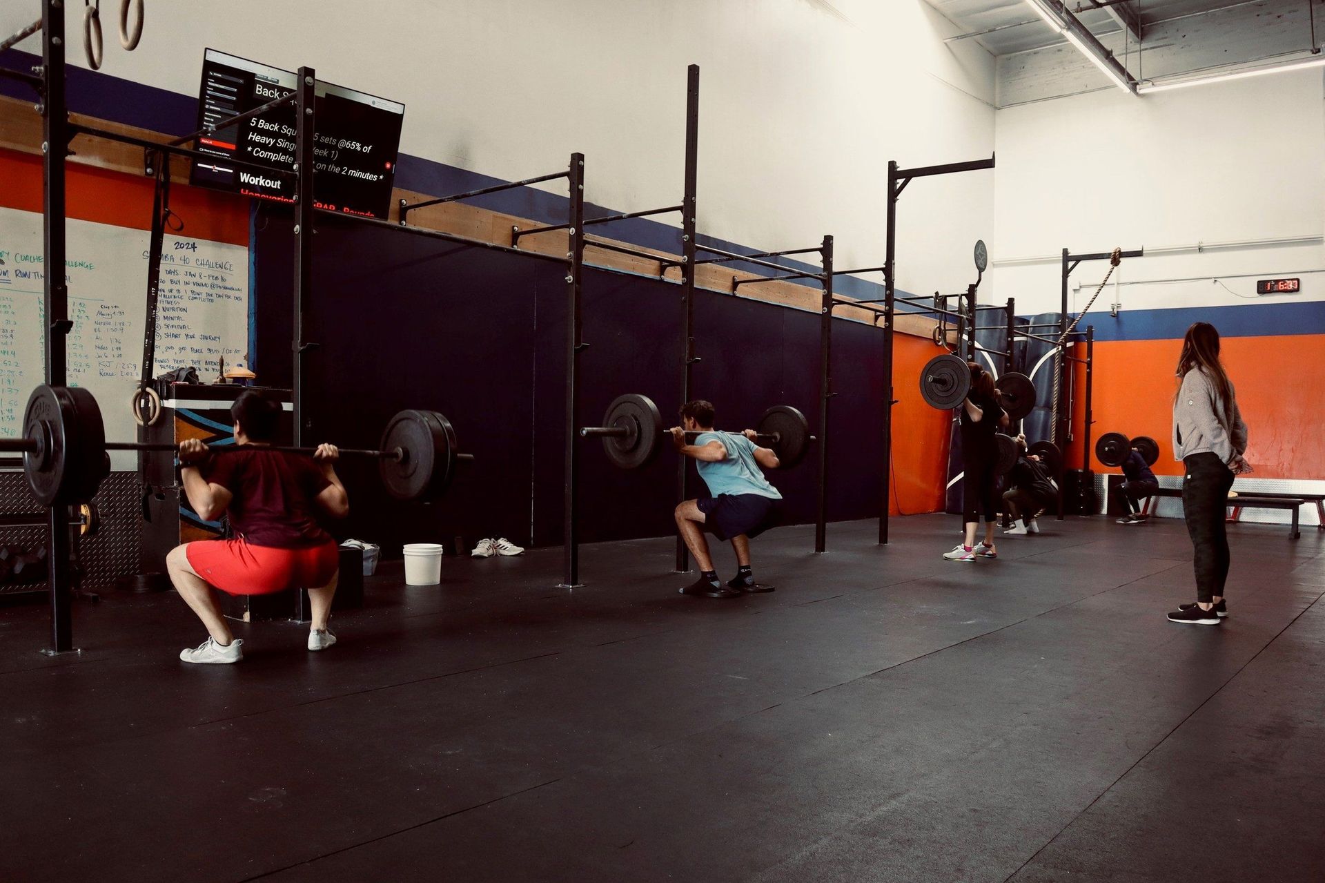 A group of people are squatting with barbells in a gym.