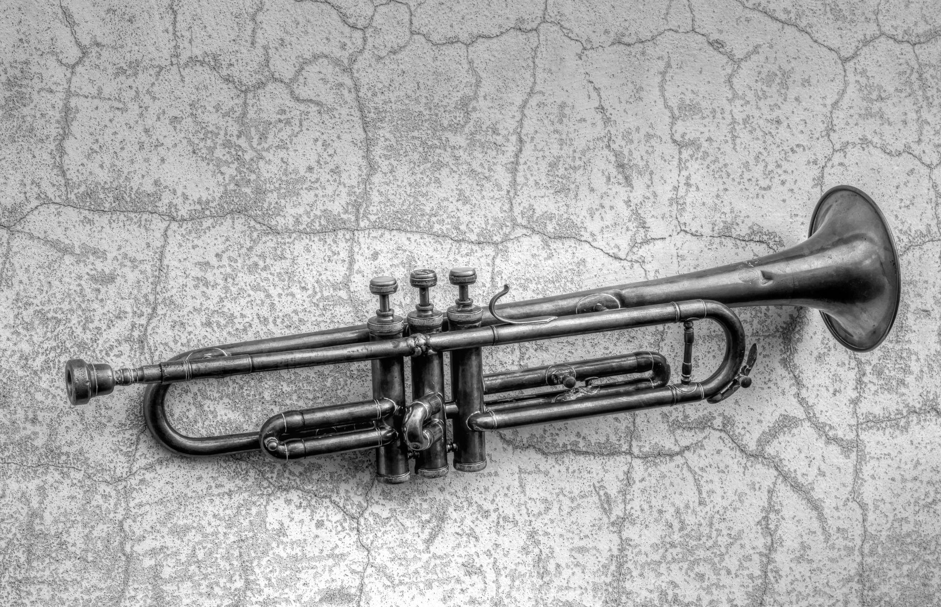 A trumpet is sitting on a cracked wall in a black and white photo.