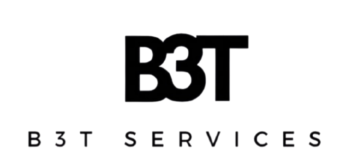 A black and white logo for b3t services