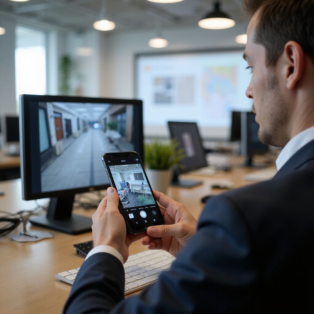 Man in suit using smartphone to photograph computer screen displaying an interior view, in office setting.