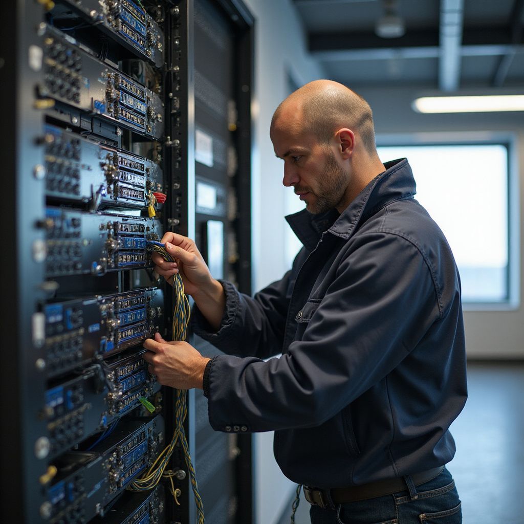 Man working on server rack in a data center, connecting cables.