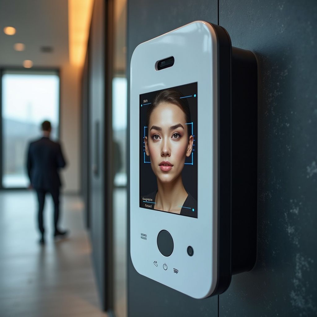 Facial recognition device on wall, woman's face displayed, with a man walking in the background.