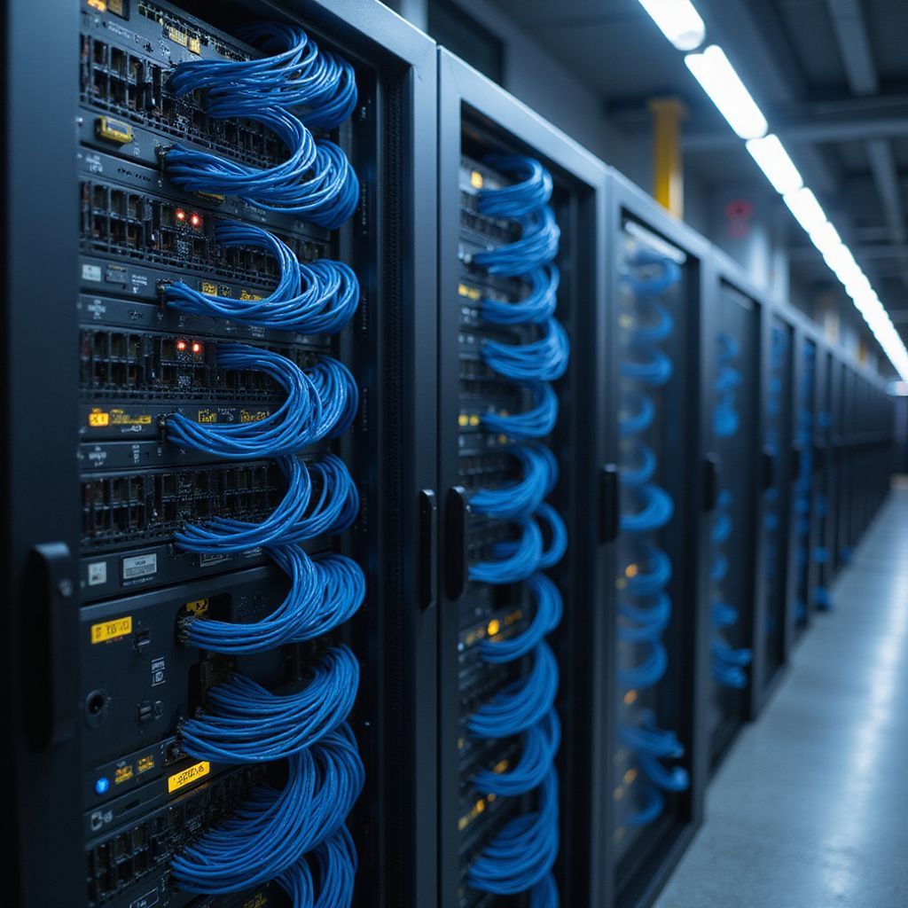 Rows of black server racks in a data center, blue cables looping down the sides, under bright overhead lights.