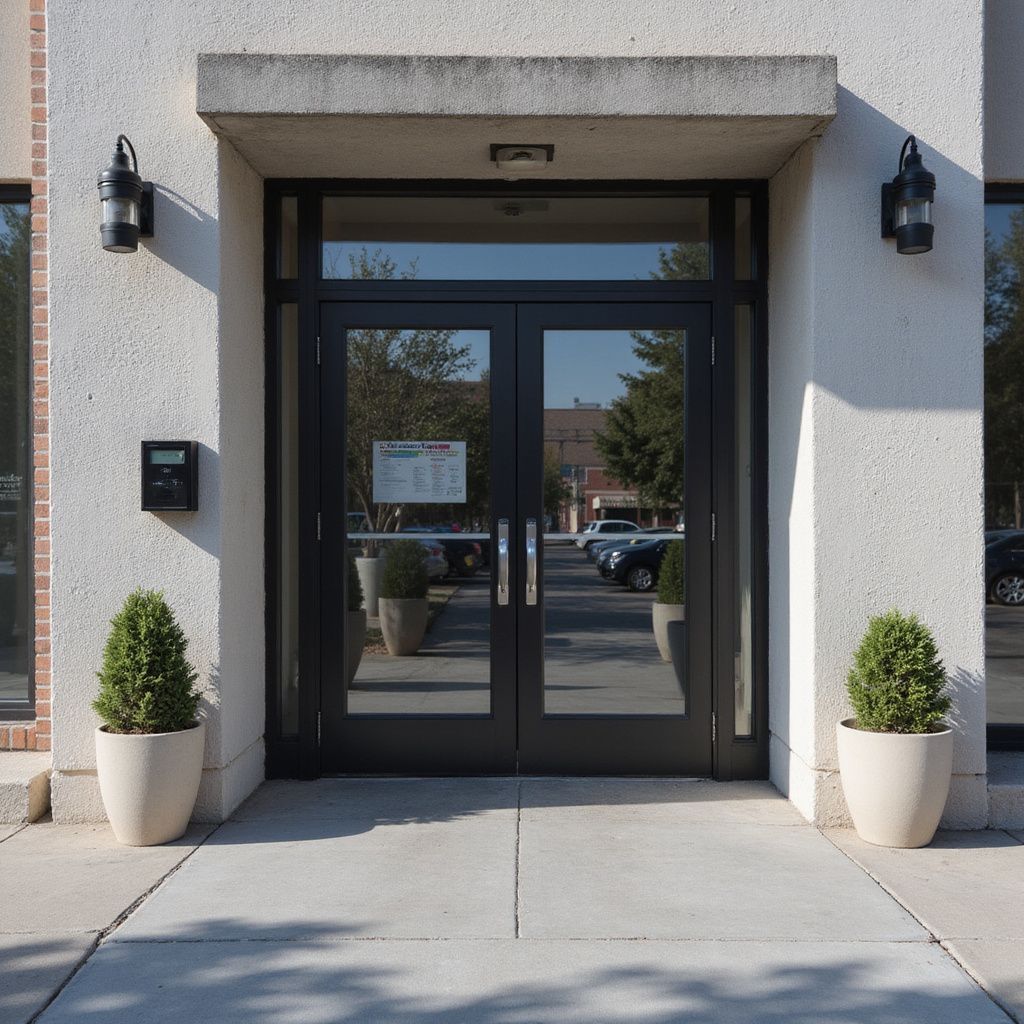 Entrance with double glass doors, potted plants, and wall-mounted sconces on a building facade.