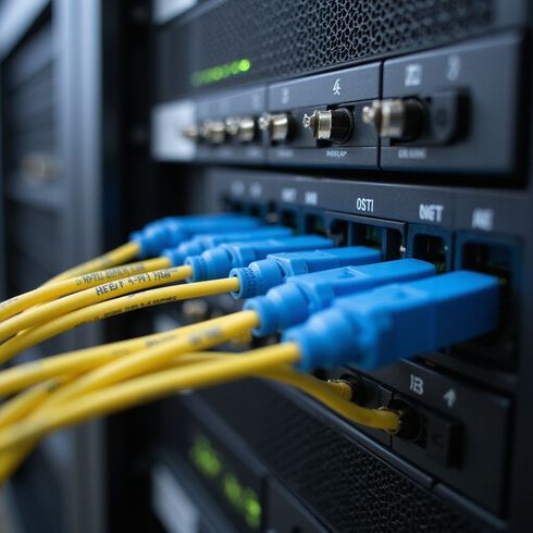 Close-up of server rack with blue and yellow cables plugged into the network devices.