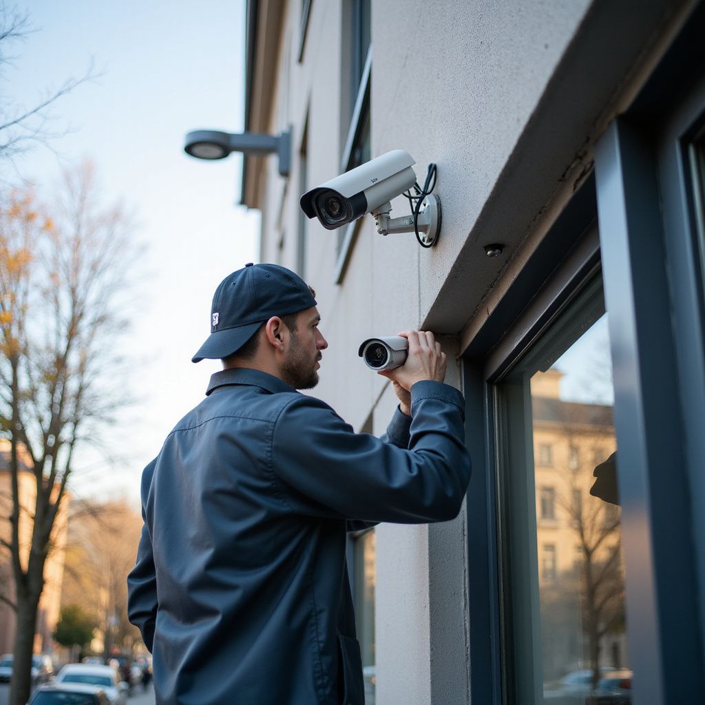 Man installs a security camera on a building exterior.