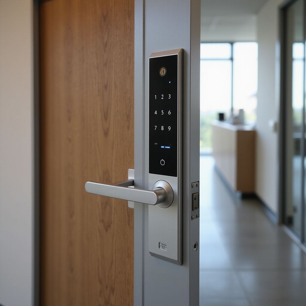 Silver smart lock on a wooden door, with a digital keypad and lever handle, indoors.